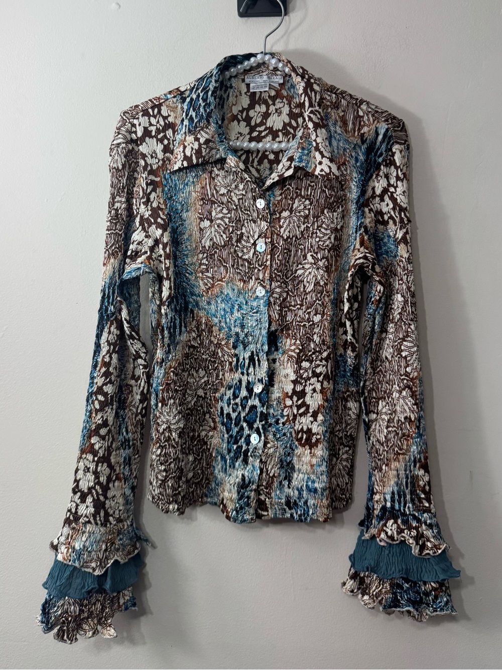 Alberto Makali Blue Brown Floral Animal Print Sequin Ruffle Blouse M